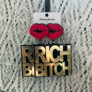 Novelty Earrings Pink lips and Rich B***h Dangling below. Very Large!